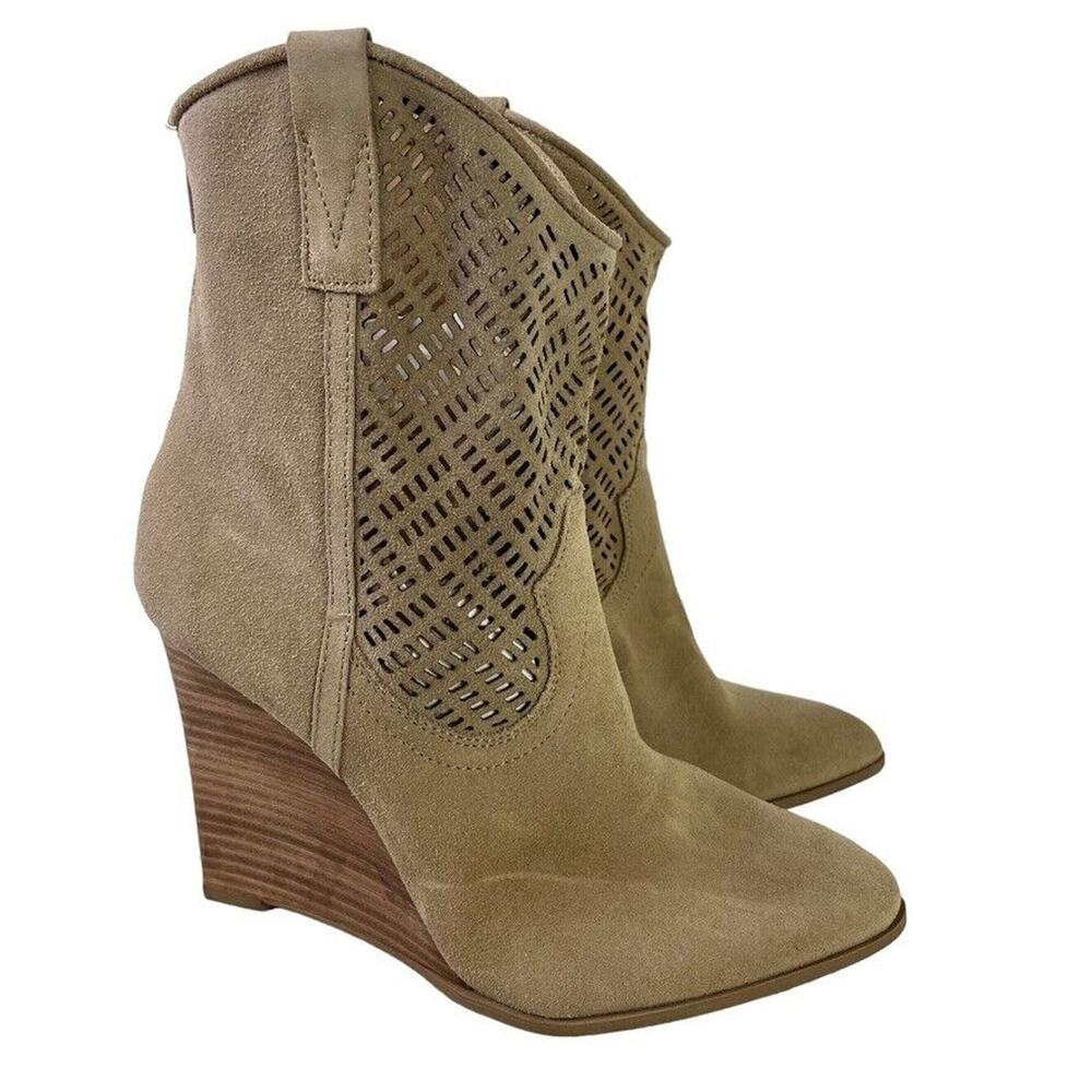 Crown Vintage Iris Womens Suede Stacked Wedge Western Leather Boots Ankle sz 8